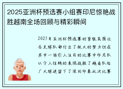 2025亚洲杯预选赛小组赛印尼惊艳战胜越南全场回顾与精彩瞬间